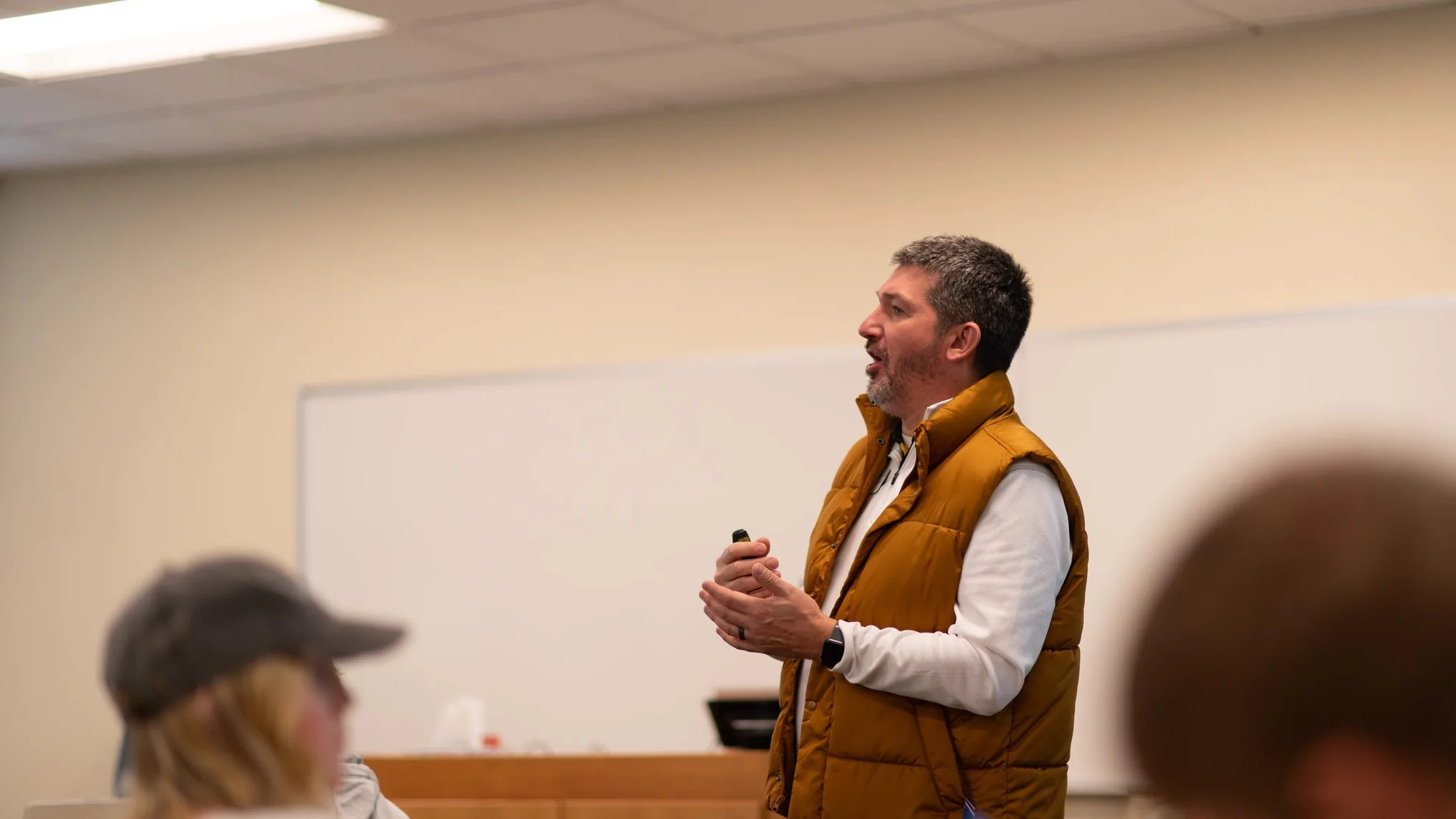 Matthew Beimers speaking with a class from the front of the room